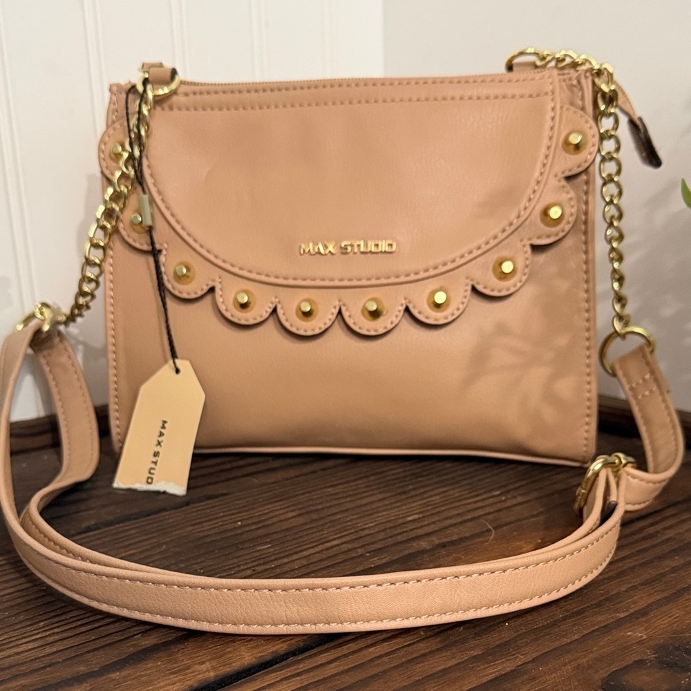 NWT Max Studio Studded Tan Crossbody Bag with Gold Accents